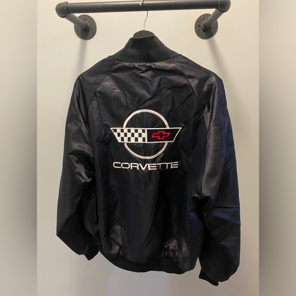 Vintage Chevrolet Corvette Bomber Jacket Mens Medium Black Satin West Ark USA